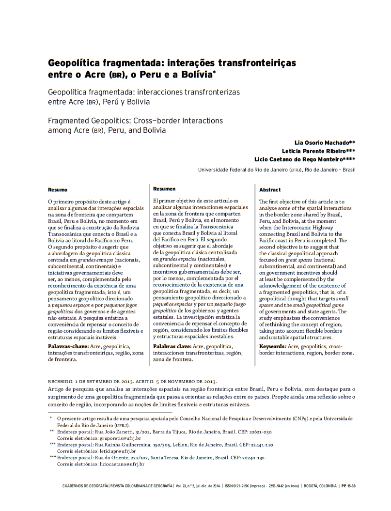 2014 – Geopolítica fragmentada interações transfronteiriças entre o Acre (BR), o Peru e a Bolívia