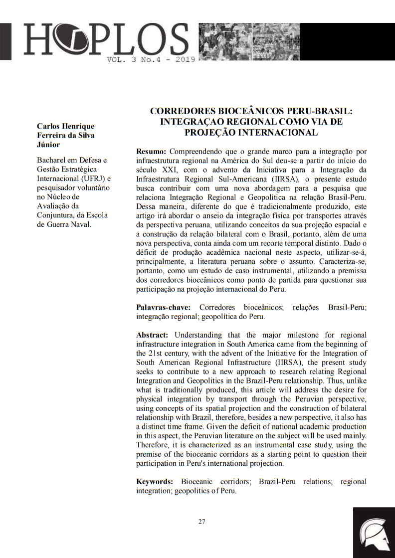 2019 – Corredores bioceânicos Peru-Brasil integração regional como via de projeção internacional