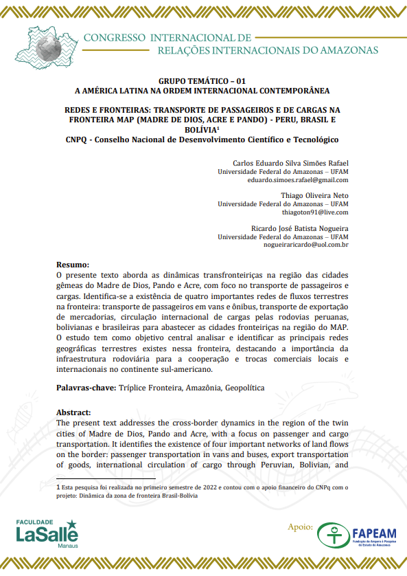 2023 – Redes e fronteiras transporte de passageiros e de cargas na fronteira MAP (Madre De Dios, Acre E Pando) – Peru, Brasil e Bolívia