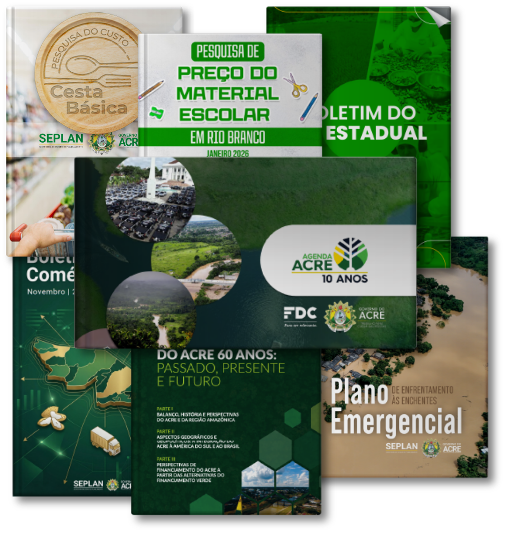 Capas de publicações da SEPLAN Acre incluindo estudos, boletins e pesquisas sobre economia e desenvolvimento do Acre