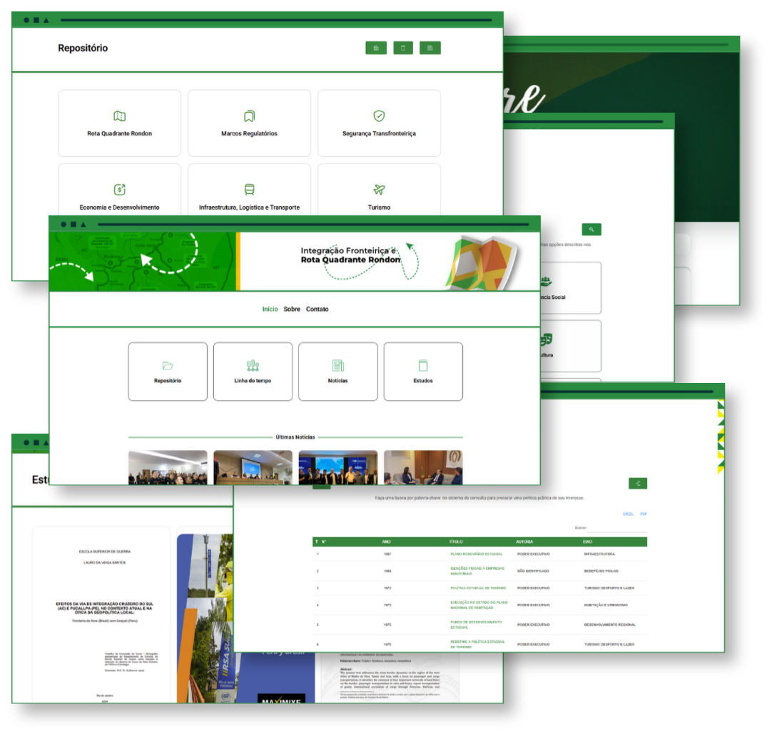 Conjunto de telas do sistema da SEPLAN Acre exibindo repositório, notícias, estudos e dados do desenvolvimento regional do Acre