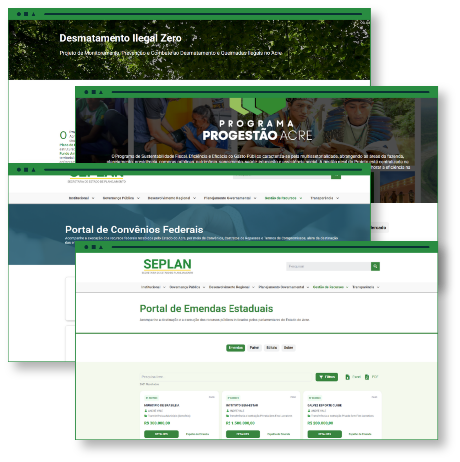 Gestão de Recursos da SEPLAN Acre com páginas de programas, convênios federais e portal de emendas públicas do Estado do Acre