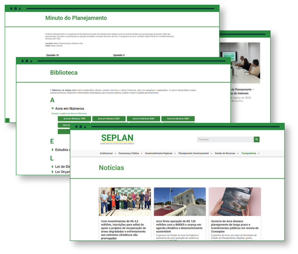 Páginas de Transparência da SEPLAN Acre com conteúdos de notícias, biblioteca e Minuto do Planejamento